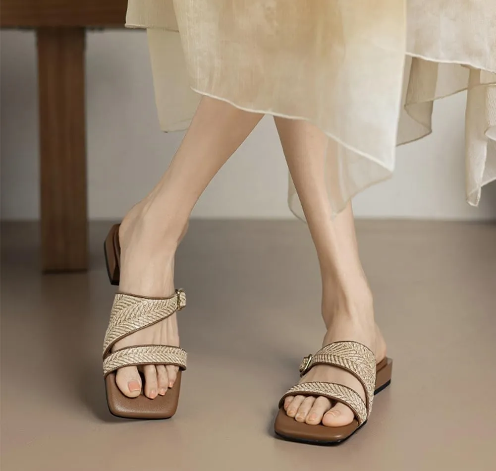 Women's Strappy Square Toe Sandals Slip-On Summer Straw Woven Slide Sandals Linen Soft Sole Slippers For Beach & Home