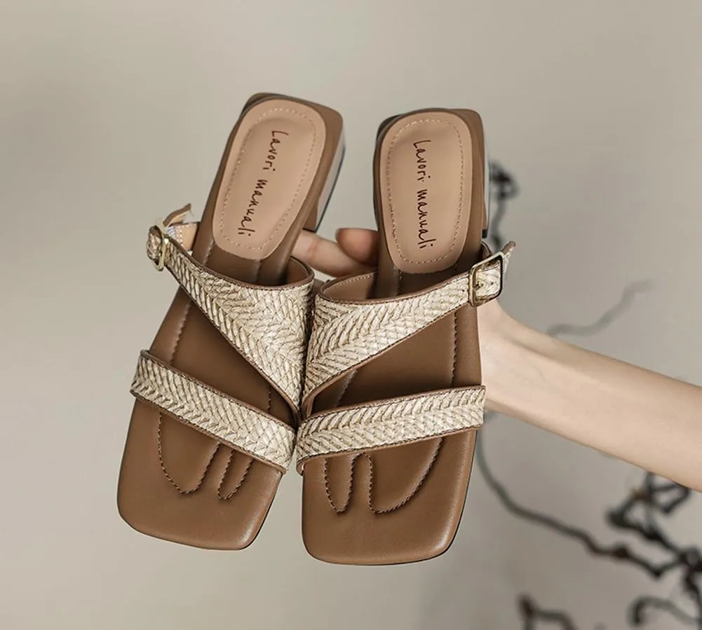 Women's Strappy Square Toe Sandals Slip-On Summer Straw Woven Slide Sandals Linen Soft Sole Slippers For Beach & Home