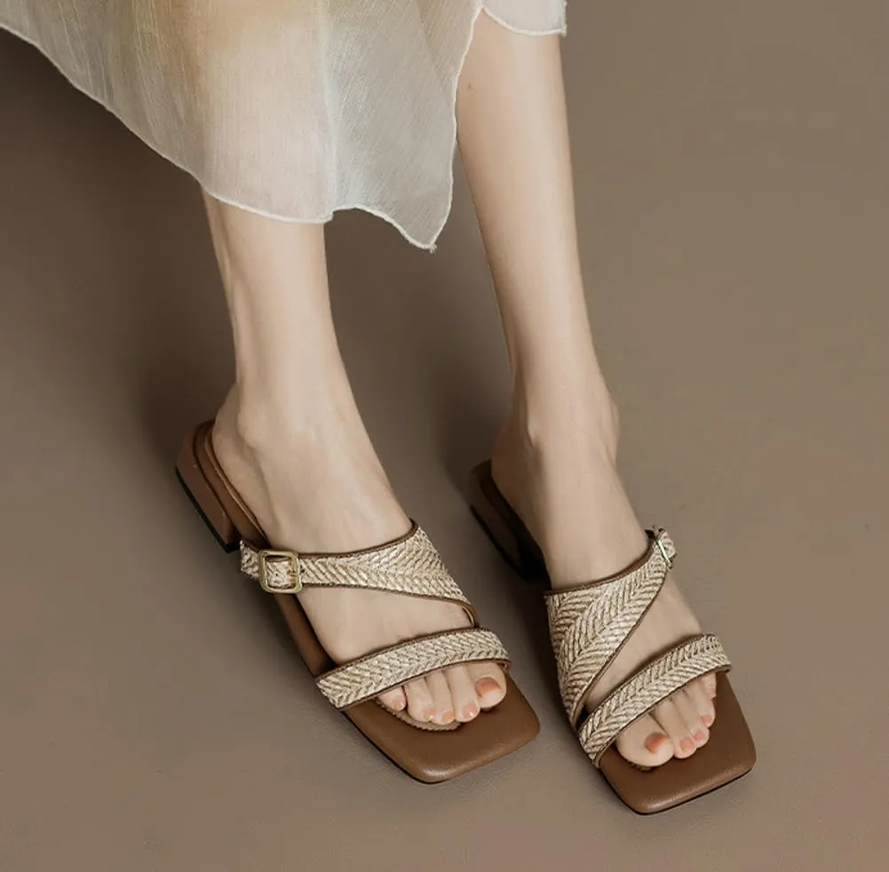Women's Strappy Square Toe Sandals Slip-On Summer Straw Woven Slide Sandals Linen Soft Sole Slippers For Beach & Home
