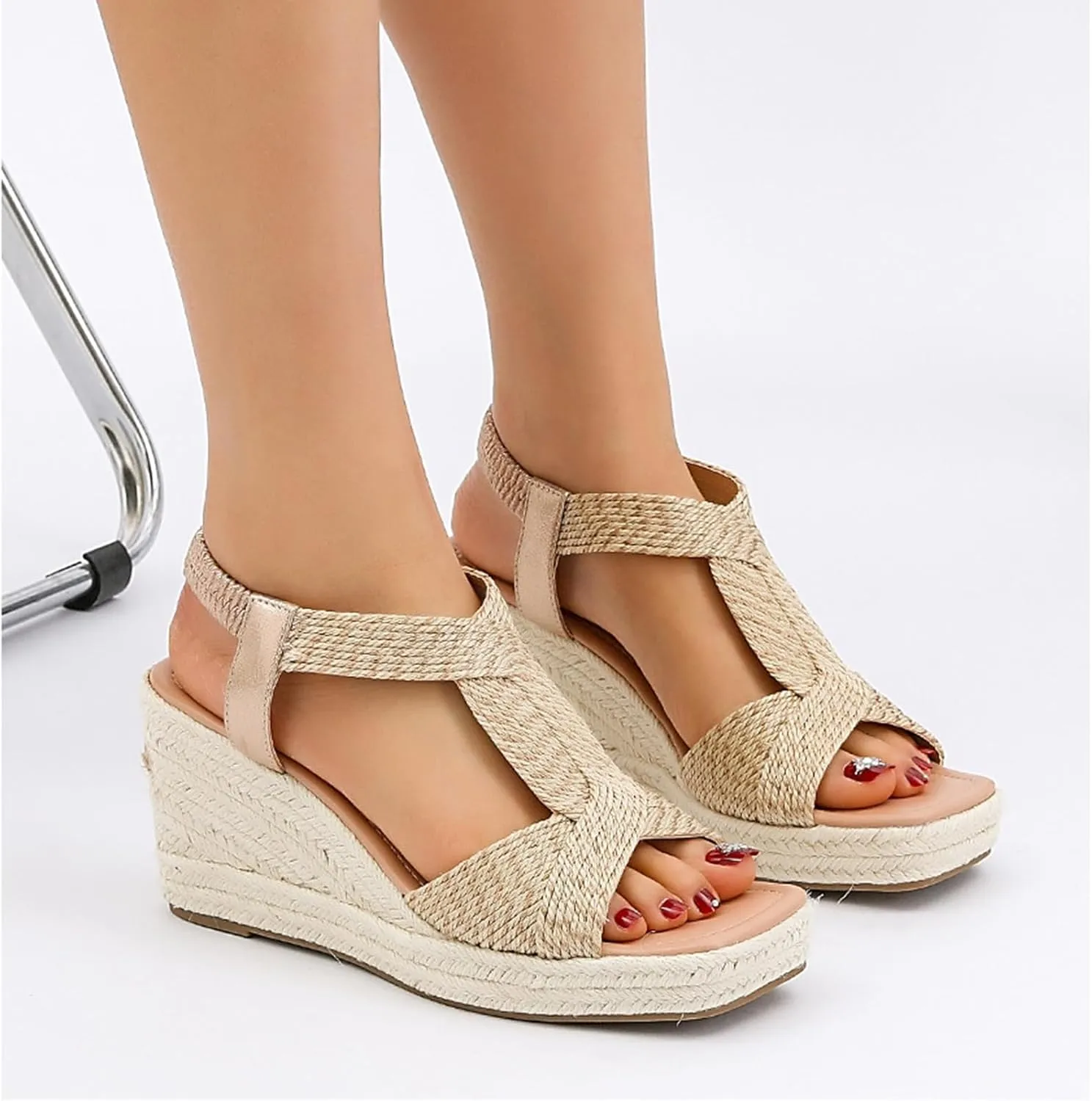 Women's Straw Wedge Bohemian Sandals Elastic Ankle Strap Open Square Toe T-Strap Platform Shoes Dressy Summer Beach Sandals