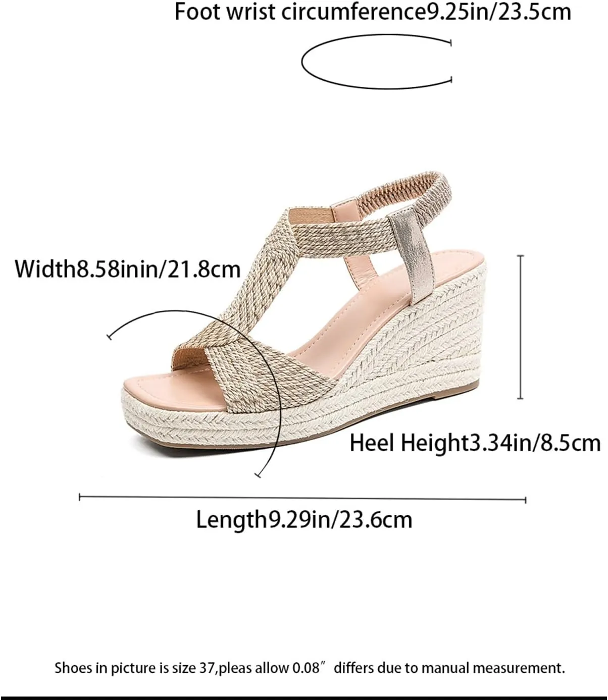 Women's Straw Wedge Bohemian Sandals Elastic Ankle Strap Open Square Toe T-Strap Platform Shoes Dressy Summer Beach Sandals