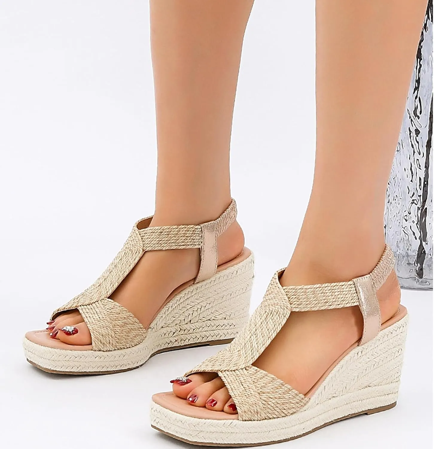 Women's Straw Wedge Bohemian Sandals Elastic Ankle Strap Open Square Toe T-Strap Platform Shoes Dressy Summer Beach Sandals