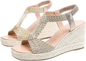 Women's Straw Wedge Bohemian Sandals Elastic Ankle Strap Open Square Toe T-Strap Platform Shoes Dressy Summer Beach Sandals