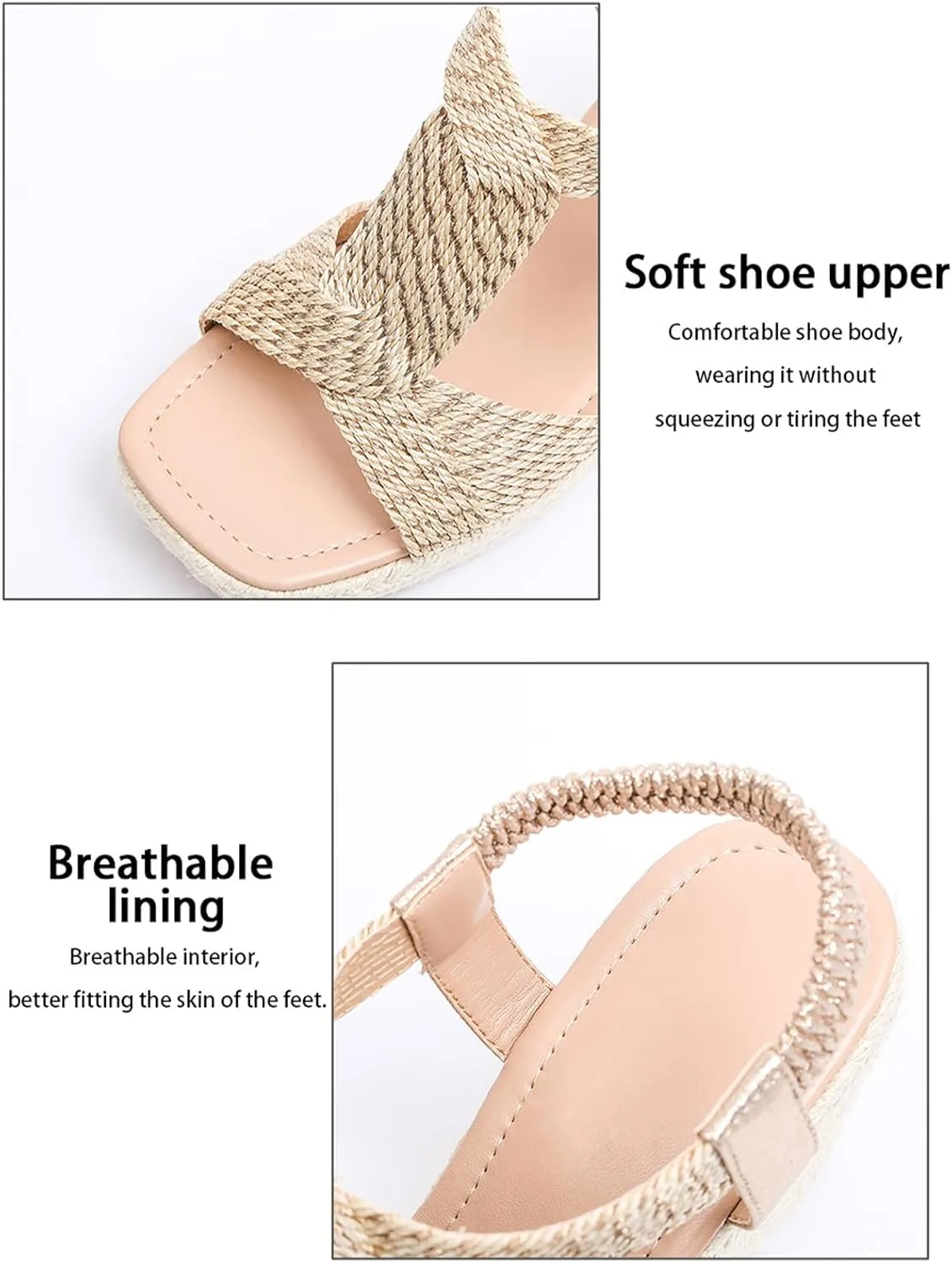 Women's Straw Wedge Bohemian Sandals Elastic Ankle Strap Open Square Toe T-Strap Platform Shoes Dressy Summer Beach Sandals