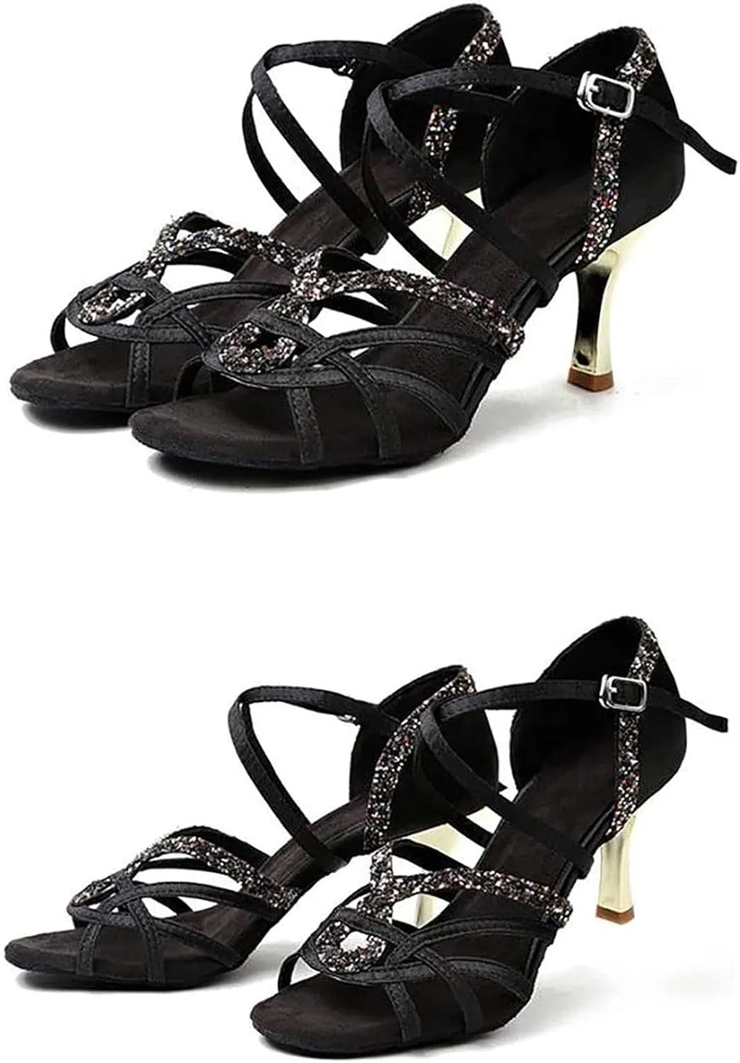 Women's Tango/Ballroom/Latin Dance Dancing Shoes, Women's Satin/Leather Latin Dance Shoes, Heeled Salsa Professional Dancing Shoes (Color : Black 7.5cm, Size : 5)