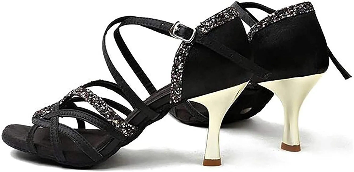 Women's Tango/Ballroom/Latin Dance Dancing Shoes, Women's Satin/Leather Latin Dance Shoes, Heeled Salsa Professional Dancing Shoes (Color : Black 7.5cm, Size : 5)