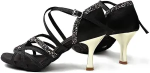 Women's Tango/Ballroom/Latin Dance Dancing Shoes, Women's Satin/Leather Latin Dance Shoes, Heeled Salsa Professional Dancing Shoes (Color : Black 7.5cm, Size : 5)