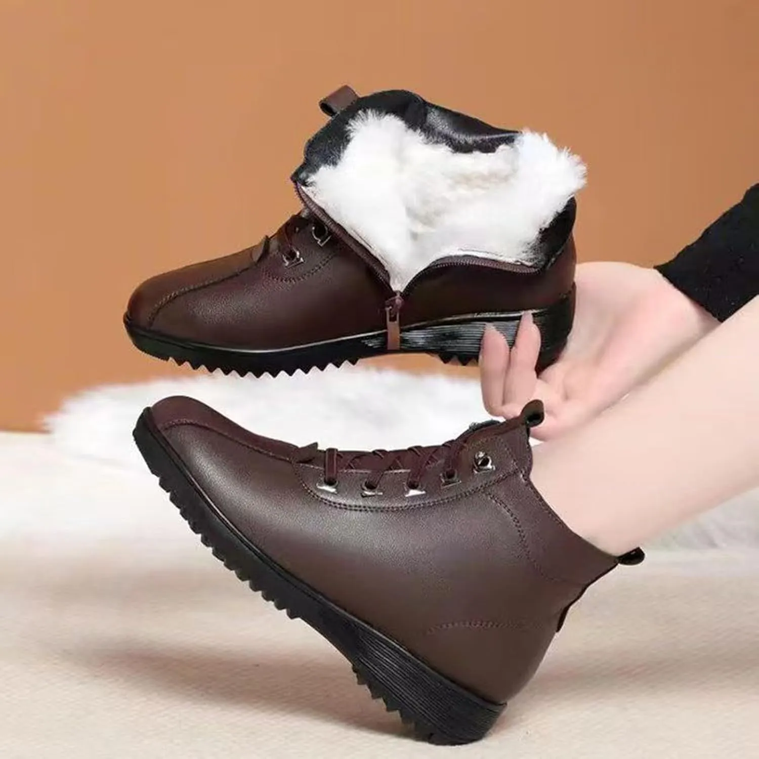 Womens Waterproof Hiking Boots Outdoor Plush Lined Winter Boots for Women Ankle Boots Snow Boots with Side Zipper