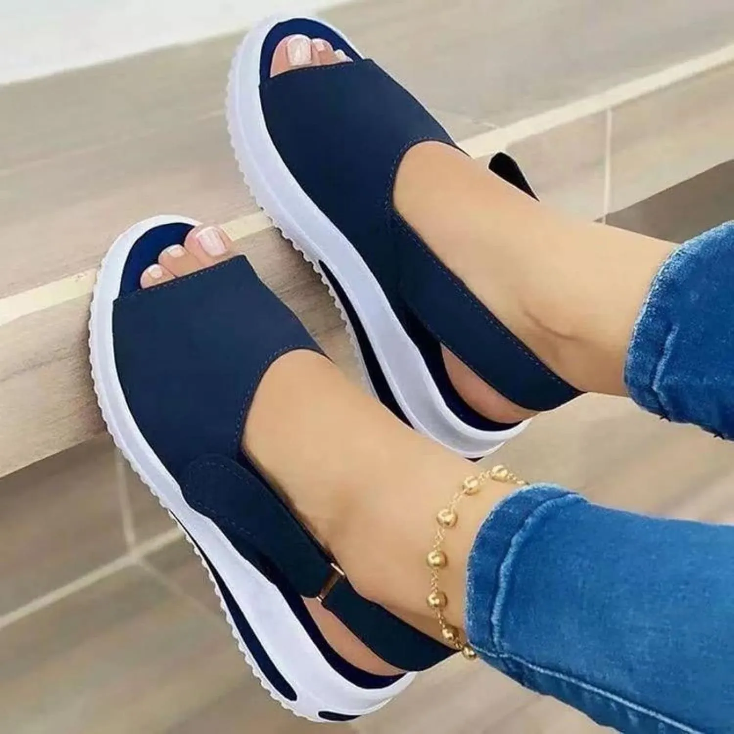 Womens Wedge Sandals Open Toe Fashion Summer Sandals Thick Heels Breathable Non Slip Shoes Casual Ankle Strap Sandal Outdoor Walking Wedges Comfy Platform Shoes Comfort Wear Lightweight Beach Shoe