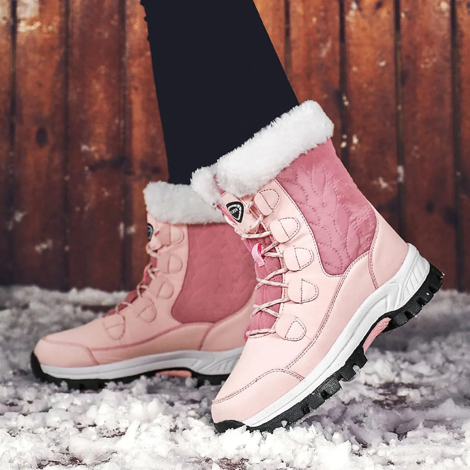 Womens Winter Snow Boots Mid Calf Lace Up Warm Fur Lined Boots Anti Slip Lug Sole Waterproof Hiking Snow Boots
