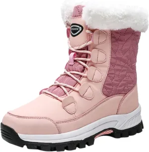 Womens Winter Snow Boots Mid Calf Lace Up Warm Fur Lined Boots Anti Slip Lug Sole Waterproof Hiking Snow Boots
