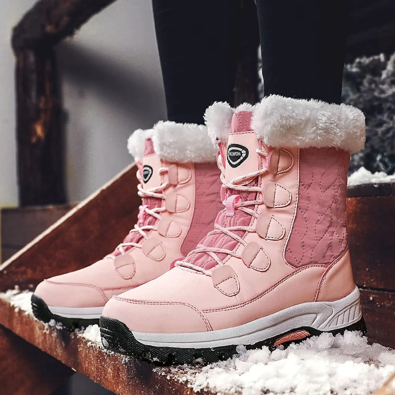 Womens Winter Snow Boots Mid Calf Lace Up Warm Fur Lined Boots Anti Slip Lug Sole Waterproof Hiking Snow Boots