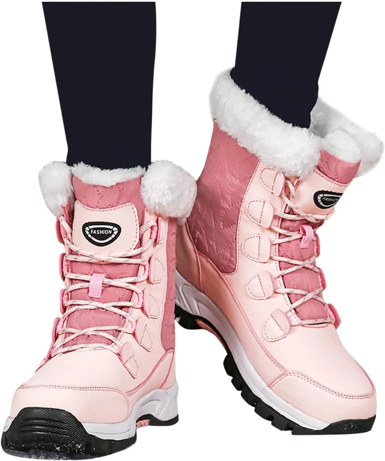 Womens Winter Snow Boots Mid Calf Lace Up Warm Fur Lined Boots Anti Slip Lug Sole Waterproof Hiking Snow Boots