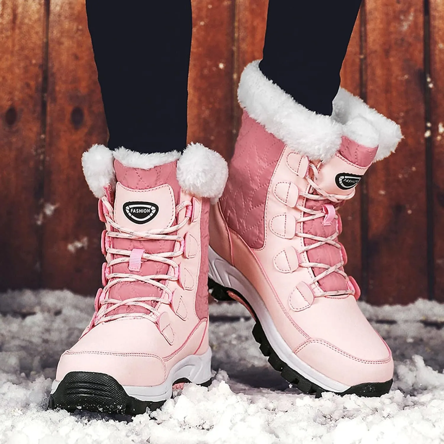 Womens Winter Snow Boots Mid Calf Lace Up Warm Fur Lined Boots Anti Slip Lug Sole Waterproof Hiking Snow Boots