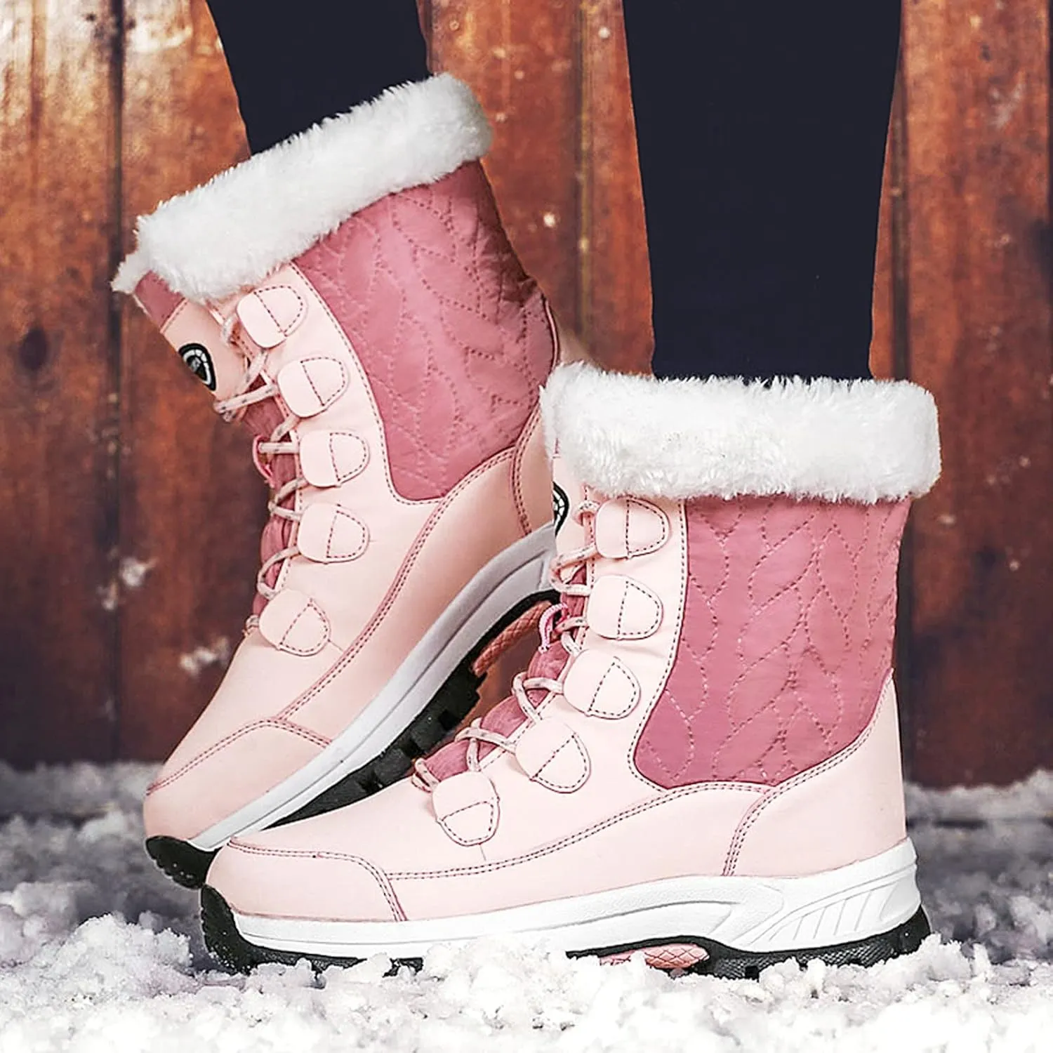 Womens Winter Snow Boots Mid Calf Lace Up Warm Fur Lined Boots Anti Slip Lug Sole Waterproof Hiking Snow Boots