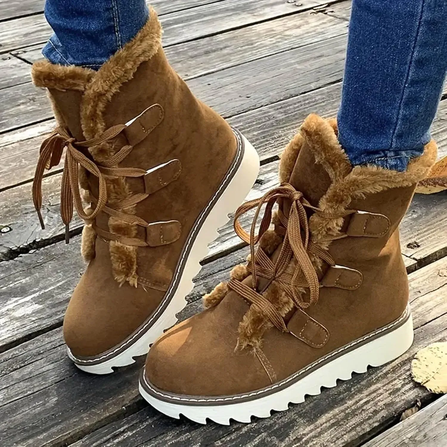 Women's Winter Snow Boots Strappy High Top Warm Boots Versatile Versatile Mid-Calf Boots Extra Wide Width Calf Boots