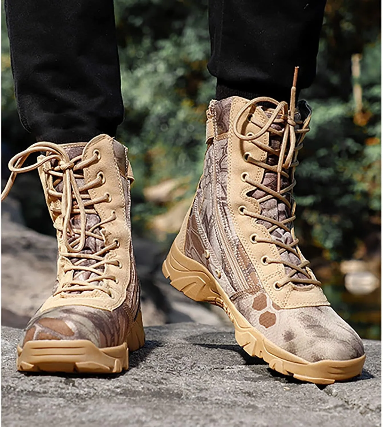 Woodland Camo Tactical Combat Shoes for Men, Spring Summer Waterproof Soft and Comfort Breathable Tactical Boots, Outdoor Durable Rubber Sole Hiking Shoes
