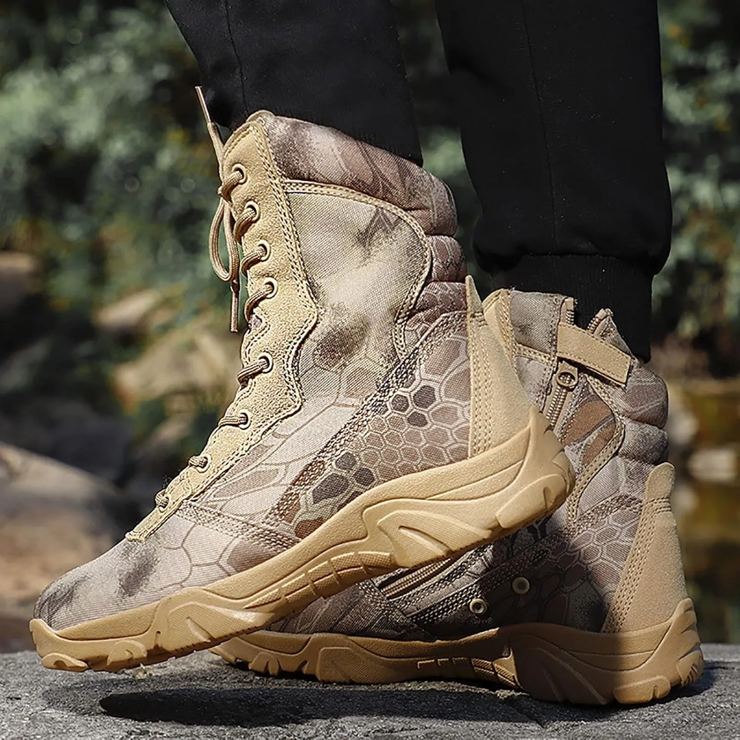 Woodland Camo Tactical Combat Shoes for Men, Spring Summer Waterproof Soft and Comfort Breathable Tactical Boots, Outdoor Durable Rubber Sole Hiking Shoes