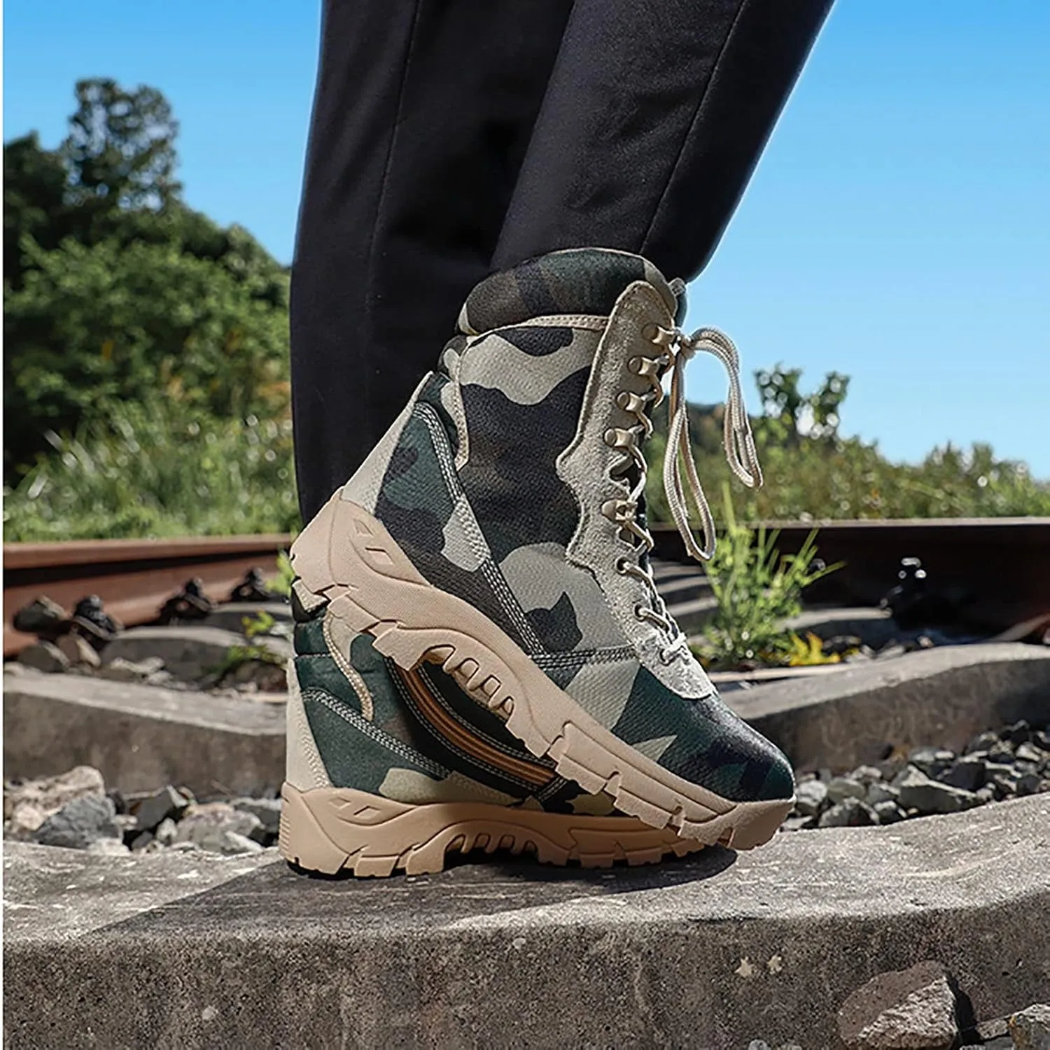 Woodland Camouflage Training Boots for Men, Soft and Comfort High-top Non-slip Breathable Tactical Boots, for Outdoor Durable Rubber Sole Hiking Shoes