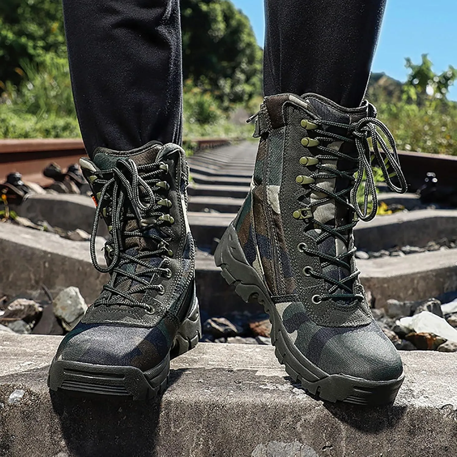 Woodland Camouflage Training Boots for Men, Soft and Comfort High-top Non-slip Breathable Tactical Boots, for Outdoor Durable Rubber Sole Hiking Shoes