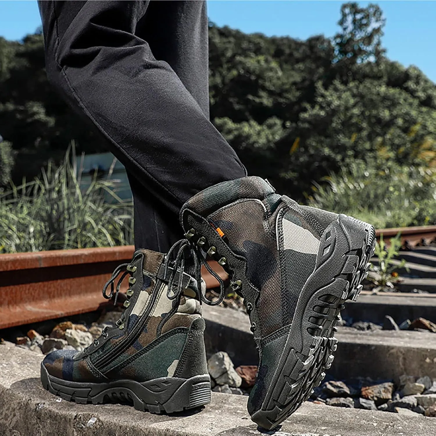Woodland Camouflage Training Boots for Men, Soft and Comfort High-top Non-slip Breathable Tactical Boots, for Outdoor Durable Rubber Sole Hiking Shoes