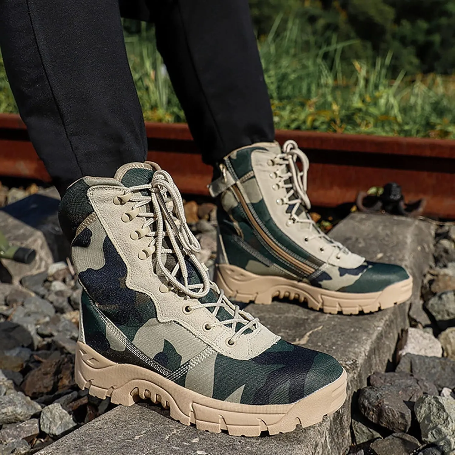 Woodland Camouflage Training Boots for Men, Soft and Comfort High-top Non-slip Breathable Tactical Boots, for Outdoor Durable Rubber Sole Hiking Shoes