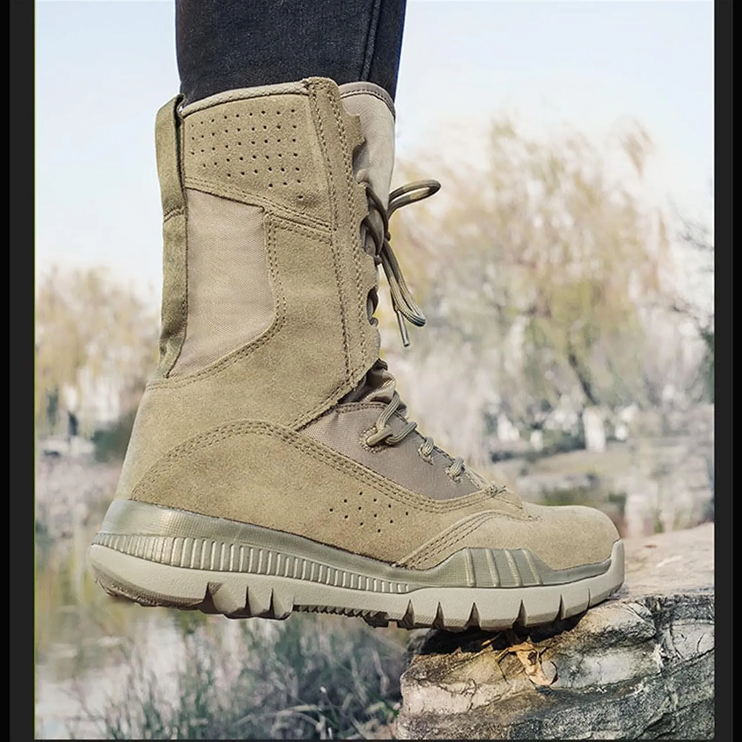 Wygwlg Tactical Boots for Men Waterproof, Men's Breathable Lightweight Non-Slip Military Tactical Boots, Leather Outdoor Hiking Combat Boots, for Hiking, Motorcycle, Climbing, Army Training