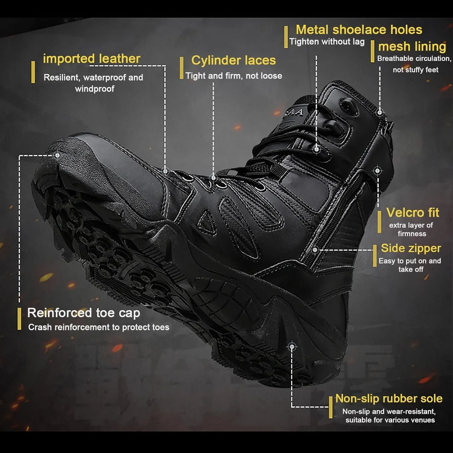 Zipper Military and Tactical Boots for men, Waterproof Non-Slip Comfortable Shock Absorption Boots, Outdoor Lace-Up Sports Lightweight Durable Breathable Hiking Shoes